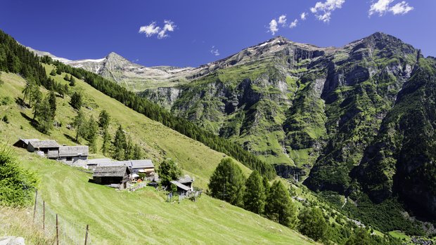 Kleine Häuser auf einer Wiese am oberen Rand eines Tals vor einer Bergkulisse